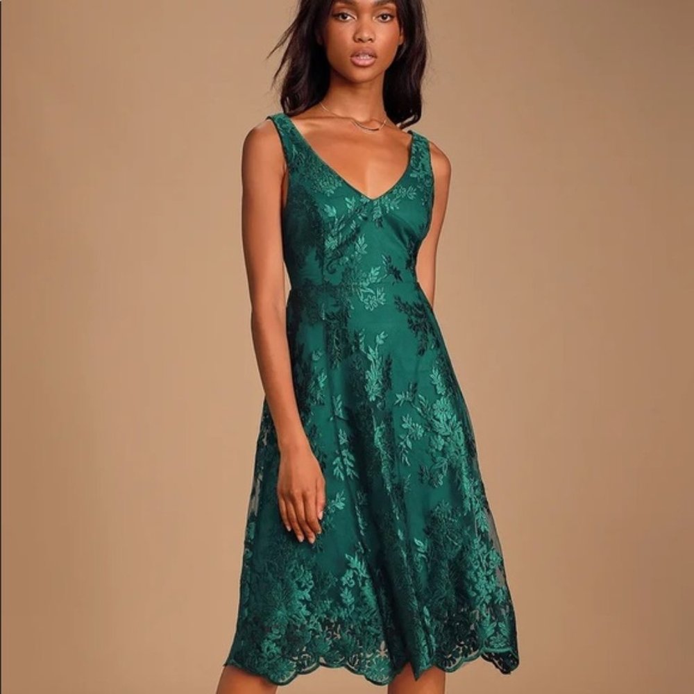 Lulu's Belynn Forest Green Embroidered Midi Dress
